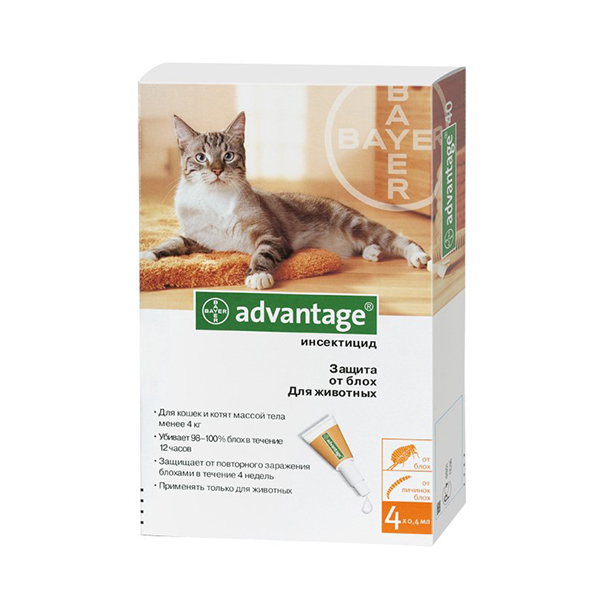 АДВАНТЕЙДЖ (ADVANTAGE) 40К КАПЛИ НА ХОЛКУ ДЛЯ КОТЯТ И КОШЕК ДО 4 КГ ПИПЕТКИ 4 ШТ.
