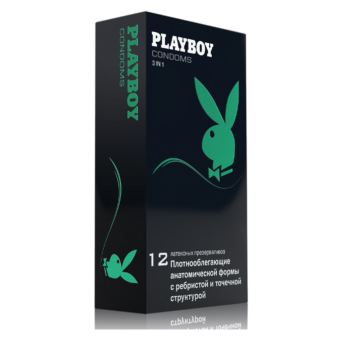 Презервативы Playboy 3 в 1 плотнооблегающие с ребристой и точечной поверхностью 12 шт.  Юнайтед Меди