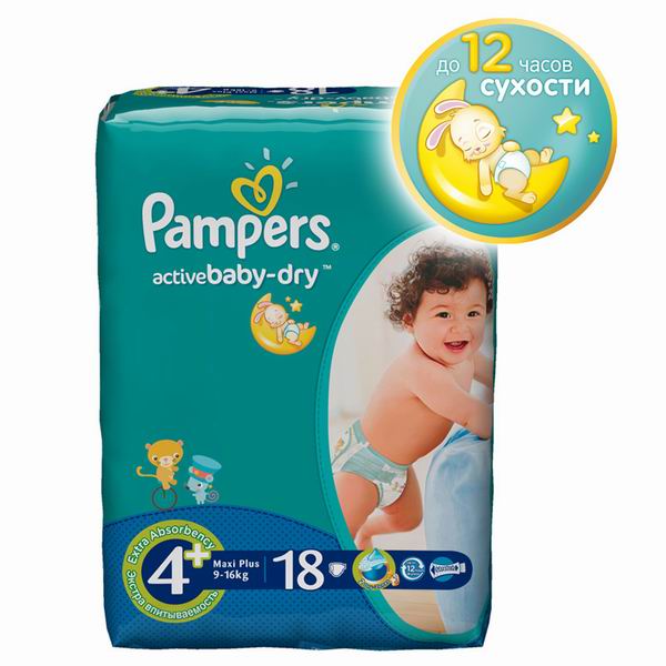 Pampers подгузники active baby-dry maxi plus (9-16 кг) стандартная упаковка 18