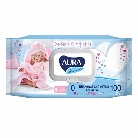 Аура (Aura) Ultra Comfort Салфетки влажн д/дет с крышкой №100 0+мес алоэ и вит Е