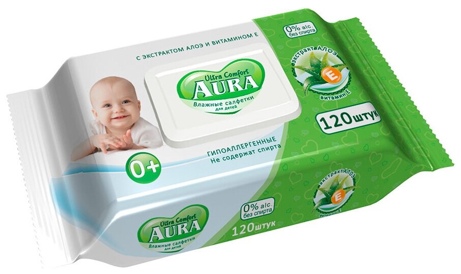 Аура (Aura) Ultra Comfort Салфетки влажн д/дет №120 0+мес алоэ и вит Е