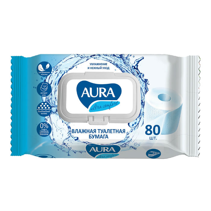 Аура (Aura) Ultra Comfort Бумага туалетная влажн №80 с крышкой